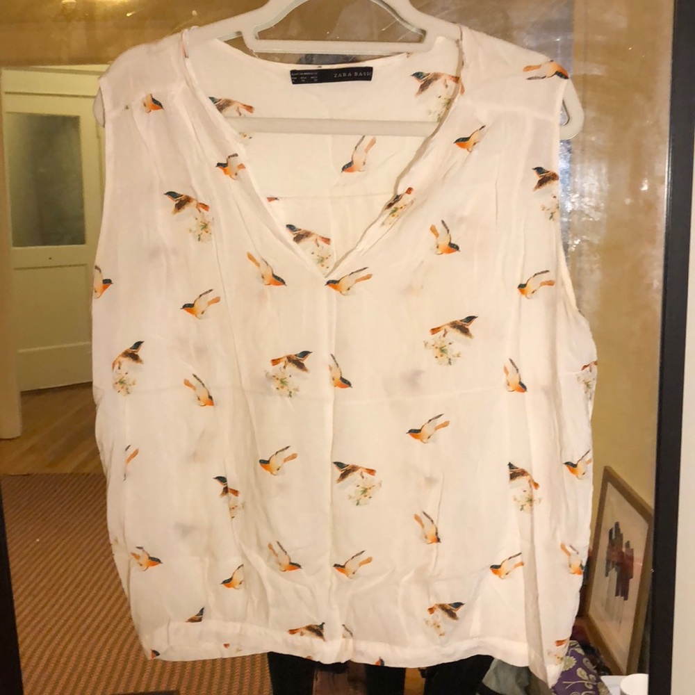 Zara Basic White Bird Blouse Size XL